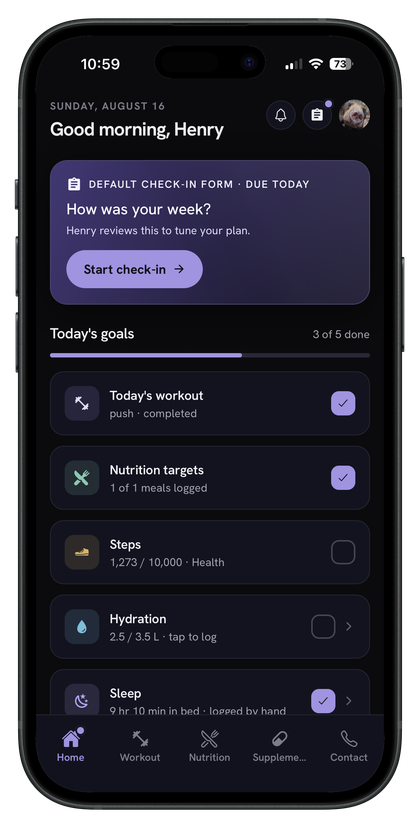 The Homestead client app: a check-in due today, and the day's goals for workout, nutrition, steps, hydration and sleep.